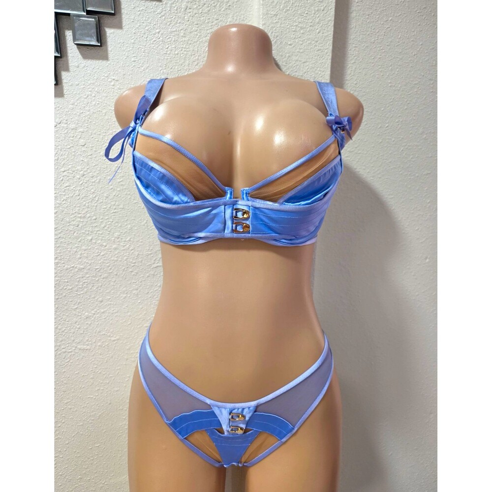 Honey Birdette Blue Mesh Satin Lingerie Set Solid Bow Adjustable Straps Sz S 32D